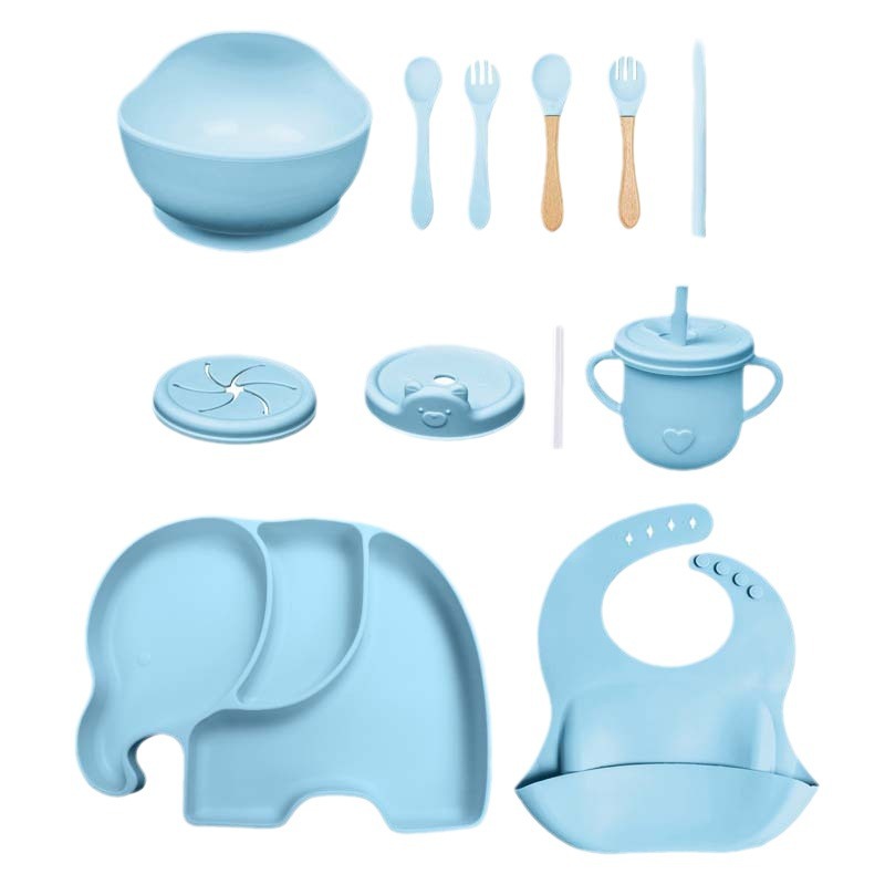 Conjunto de cubiertos para niños tazón de alimentos suplementarios platos de silicona tazón de cuchara de tenedor bib taza de agua de grado alimenticio para bebés alimentación suplementaria