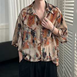 花衬衫男高级感痞帅夏薄款短袖男款冰丝穿搭复古衬衣港风2025