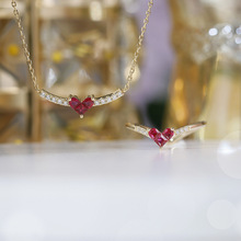 敦丽 红刚玉戒指项链套装 轻奢高级感小红心V形  指环S925银镀K金