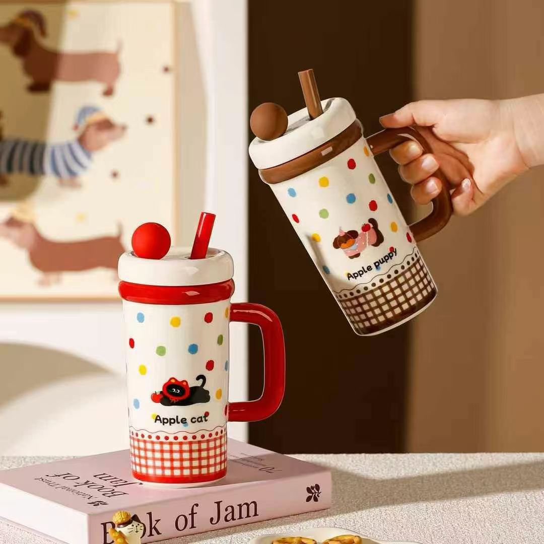 2025 nueva taza de hielo de dibujos animados taza de gran capacidad de animales niñas lindas tazas de paja de alto valor facial estudiantes para la escuela