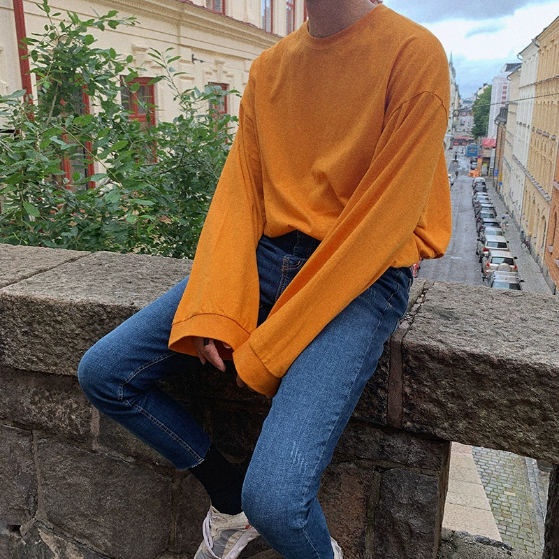 Мужской осенний свободный свитер MYQ, мужской топ с круглым вырезом, модная однотонная Корейская футболка с длинным рукавом