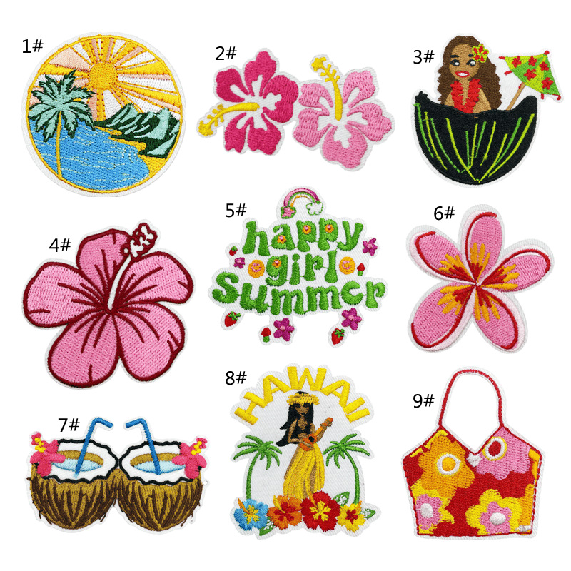 跨境夏威夷系列风景刺绣布贴可爱小女孩花朵补丁贴服装辅料装饰贴
