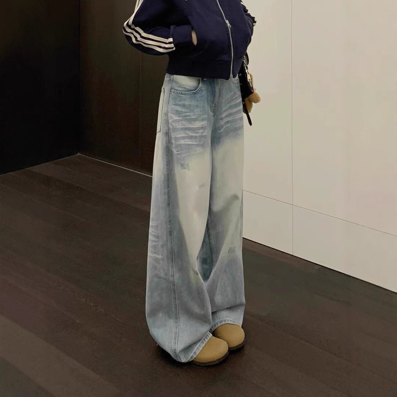 American High Street Retro Light-Colored Loose Wide-Leg Jeans for Women in Autumn and Winter Large Size Design Ripped Straight-Leg Floor-Length Pants American High Street Retro Light-Colored Loose Wide-Leg Jeans for Women in Autumn and Winter Large Size Design Ripped Straight-Leg Floor-Length Pants
