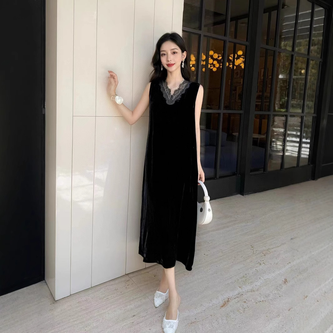 Silk velvet black solid color fashionable elegant lace summer dress…