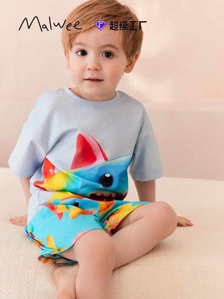Trajes transfronterizos para niños malwee verano nuevo cuello redondo de manga corta ropa casera para niños europeos y estadounidenses