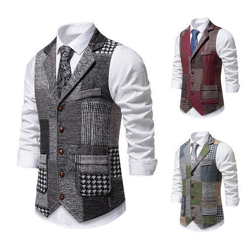Autumn New Men's Retro Patch Collar Men's Suit Vest Slim Single Button Vest