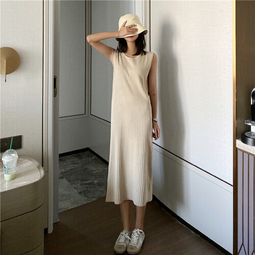 Women's Spring Summer Long-Sleeve Knit Backless Dress, Round Neck Loose Fitting Base Layer Dress with Innerwear