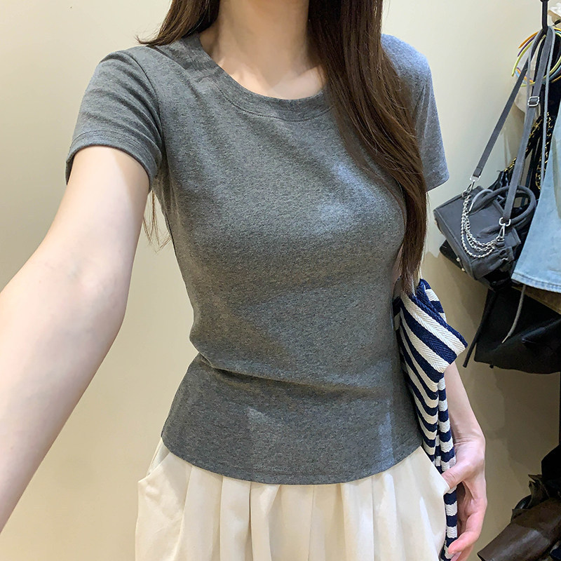 Cross-Border 92% Cotton American-Style Regular Shoulder Short-Sleeve T-Shirt for Women, Spring and Summer Women's U-Neck Short Slim-Fit Base Shirt Top Cross-Border 92% Cotton American-Style Regular Shoulder Short-Sleeve T-Shirt for Women, Spring and Summer Women's U-Neck Short Slim-Fit Base Shirt Top