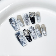 手工穿戴甲灰白暈染氣質輕奢美甲貼片堆鑽中長款穿戴式指甲貼批發
