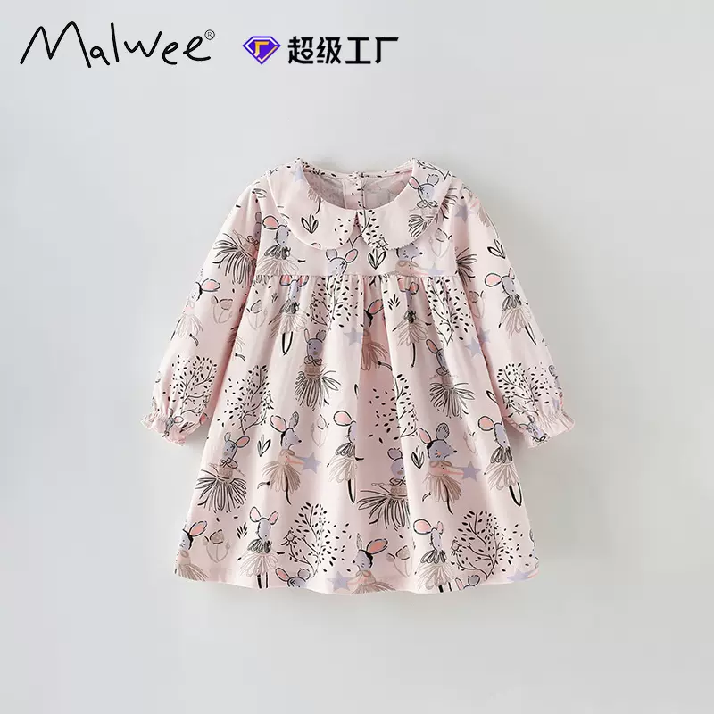 跨境malwee女童连衣裙秋冬新款娃娃领公主欧美中小童可爱长袖裙子