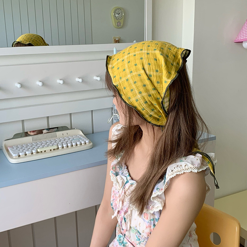 Pañuelo en la cabeza Verano femenino Pastoral Primavera y verano Todo fósforo Bufanda de seda a cuadros de lunares Cinturón para el cabello Bufanda de sentido avanzado Bufanda triangular Bufanda para mujer
