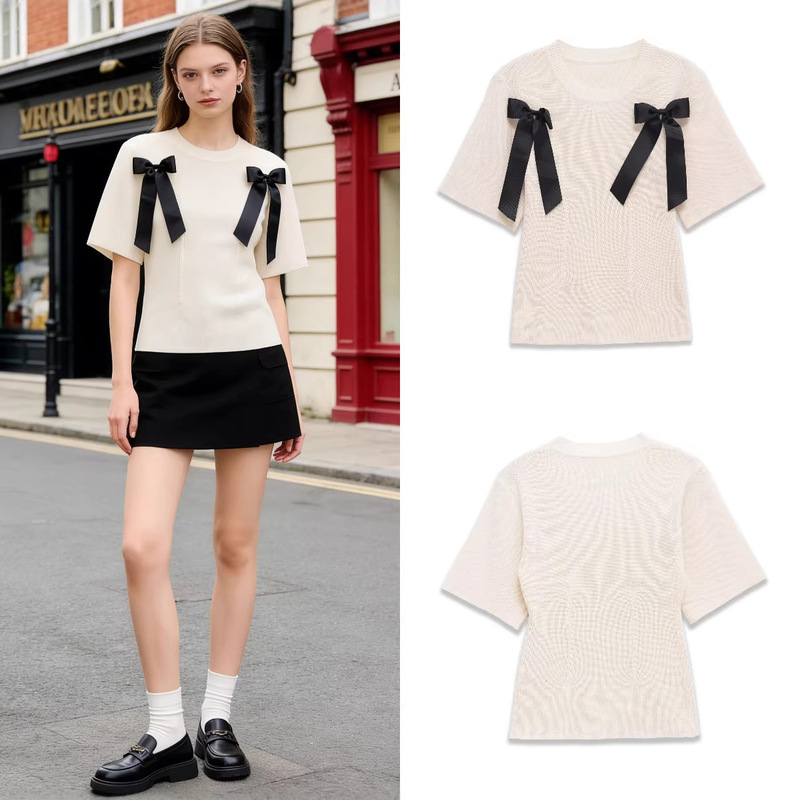 Za Foreign Trade Cross-Border Wholesale European and American Style Women's Summer Round Neck Short-Sleeve Bow Soft Knit Top Za Foreign Trade Cross-Border Wholesale European and American Style Women's Summer Round Neck Short-Sleeve Bow Soft Knit Top
