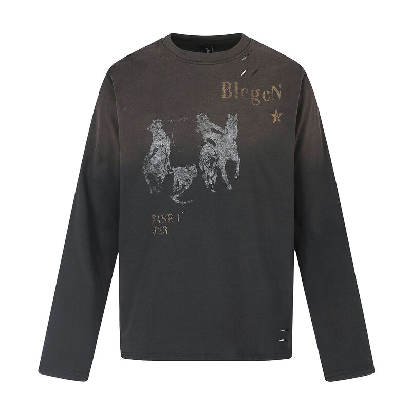 Wasteland Gradient Washed Western Print Long Sleeve T-Shirt, Unisex Distressed Loose Fit American Retro Base Shirt Wasteland Gradient Washed Western Print Long Sleeve T-Shirt, Unisex Distressed Loose Fit American Retro Base Shirt
