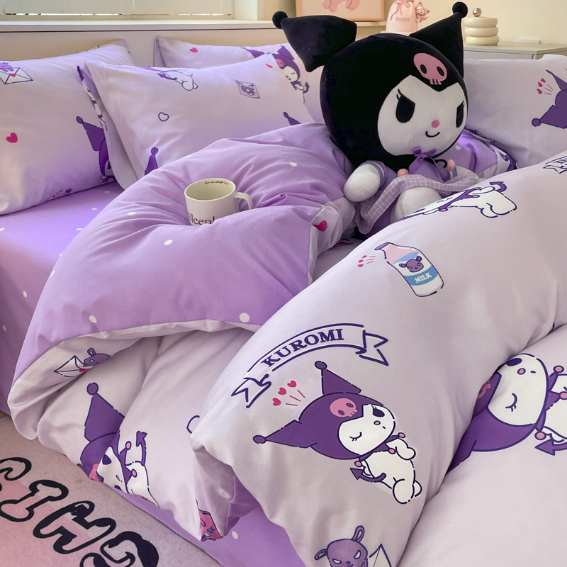 정품 산리오 쿨로 미 (Sanrio Kulomi) 면 4 종 세트 만화 퀼트 커버 침대 시트 학생 기숙사 침대 3 종 세트 4
