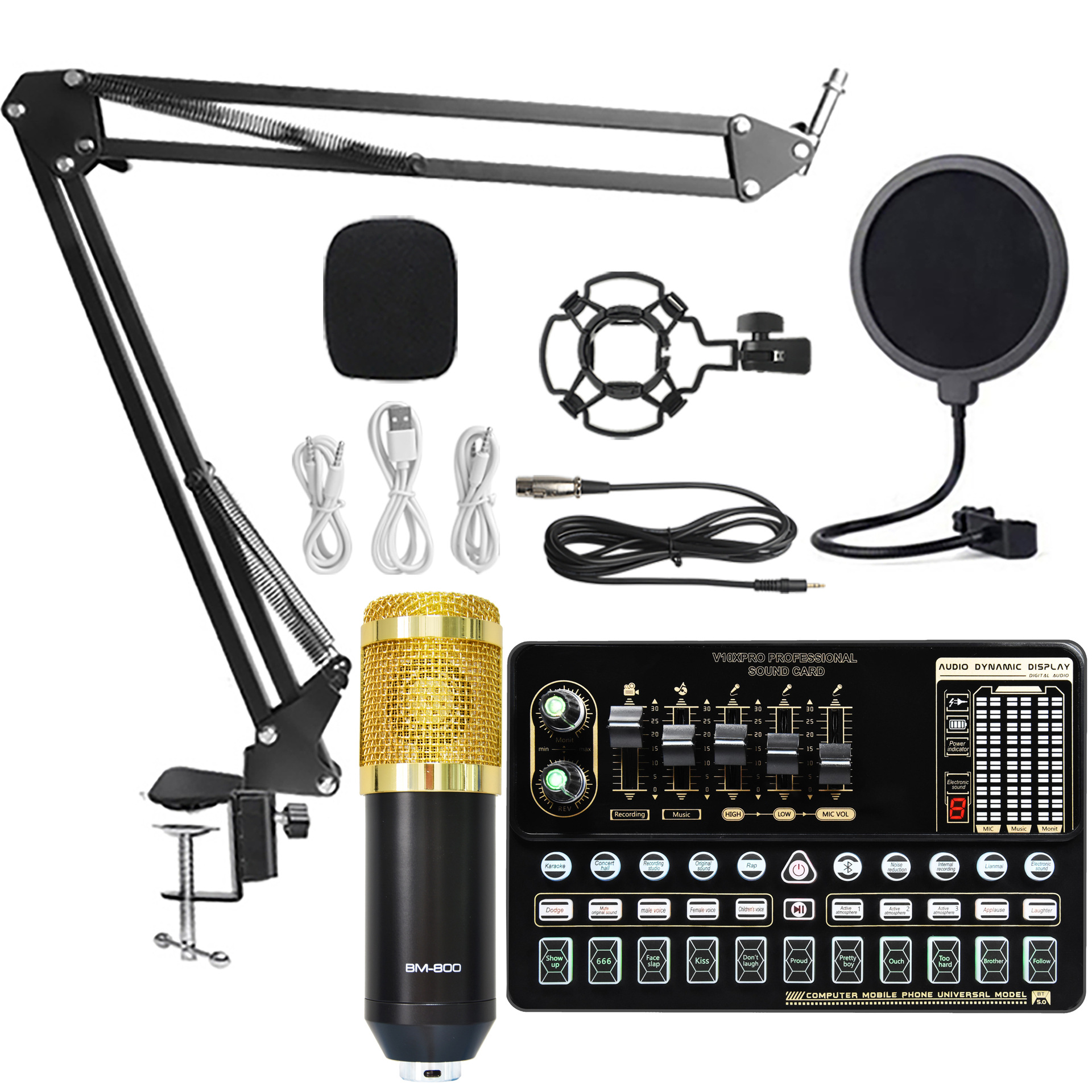 블랙 골드 BM800+V10XPRO+대형 블로우아웃 스크린+캔틸레버 브래킷+금속 베이스+쇼크 마운트+TYPE--C 케이블 세트