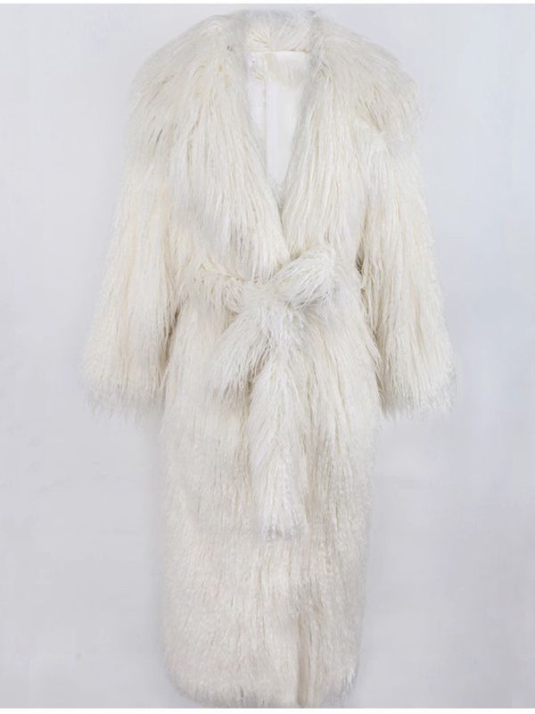 Cross-Border Women's Fur Coat, Beach Wool Coat, Long Belted Suit Collar Casual Warm Fur Coat, Plus Size