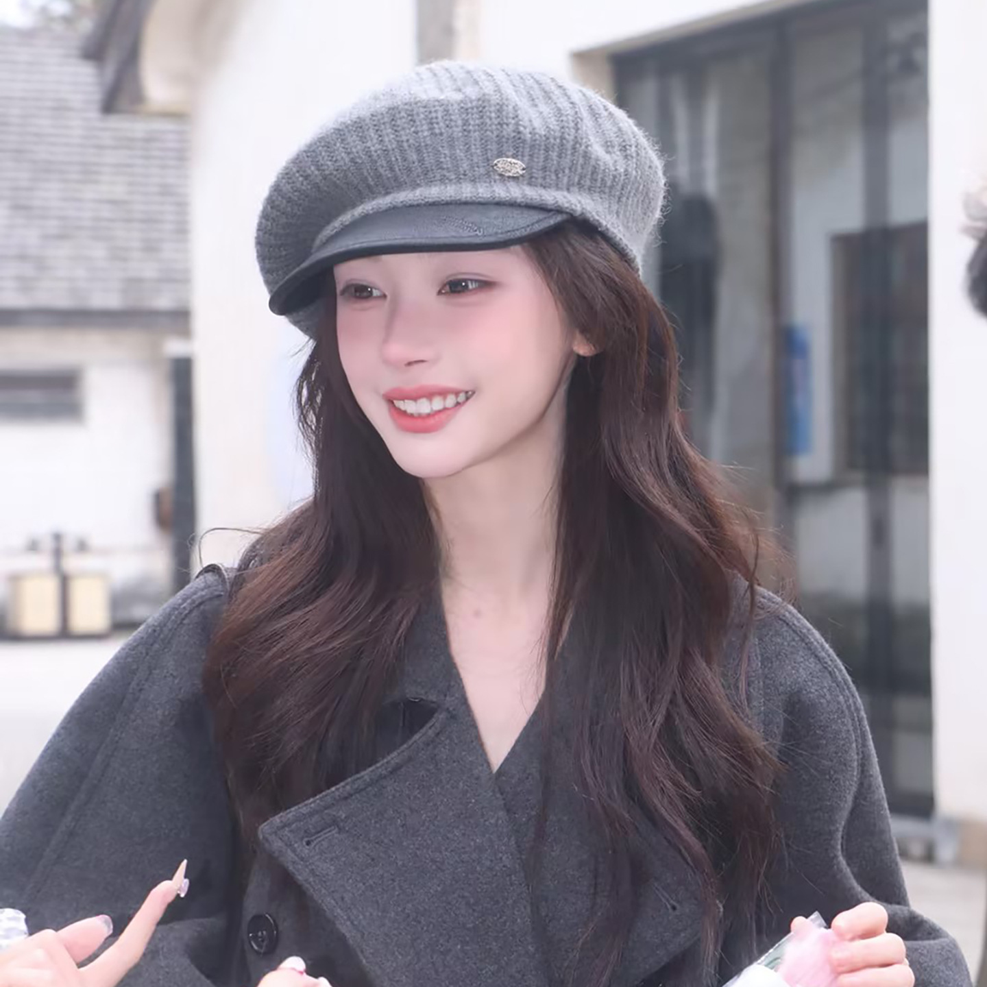 In-Stock Yimengling Style Leather Patchwork Beret for Women, Autumn and Winter Korean Version, Elegant and Face-Slimming Newsboy Hat