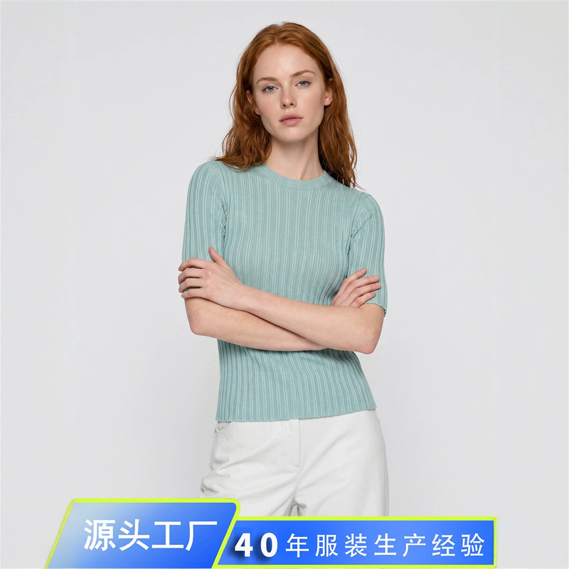 Machine-Washable Wool Sweater Short-Sleeved Women's Custom-Dyed Multi-Color Vertical Striped Half-High Collar Slim-Fit Slimming Knitwear Spring and Summer Thin Style Machine-Washable Wool Sweater Short-Sleeved Women's Custom-Dyed Multi-Color Vertical Striped Half-High Collar Slim-Fit Slimming Knitwear Spring and Summer Thin Style