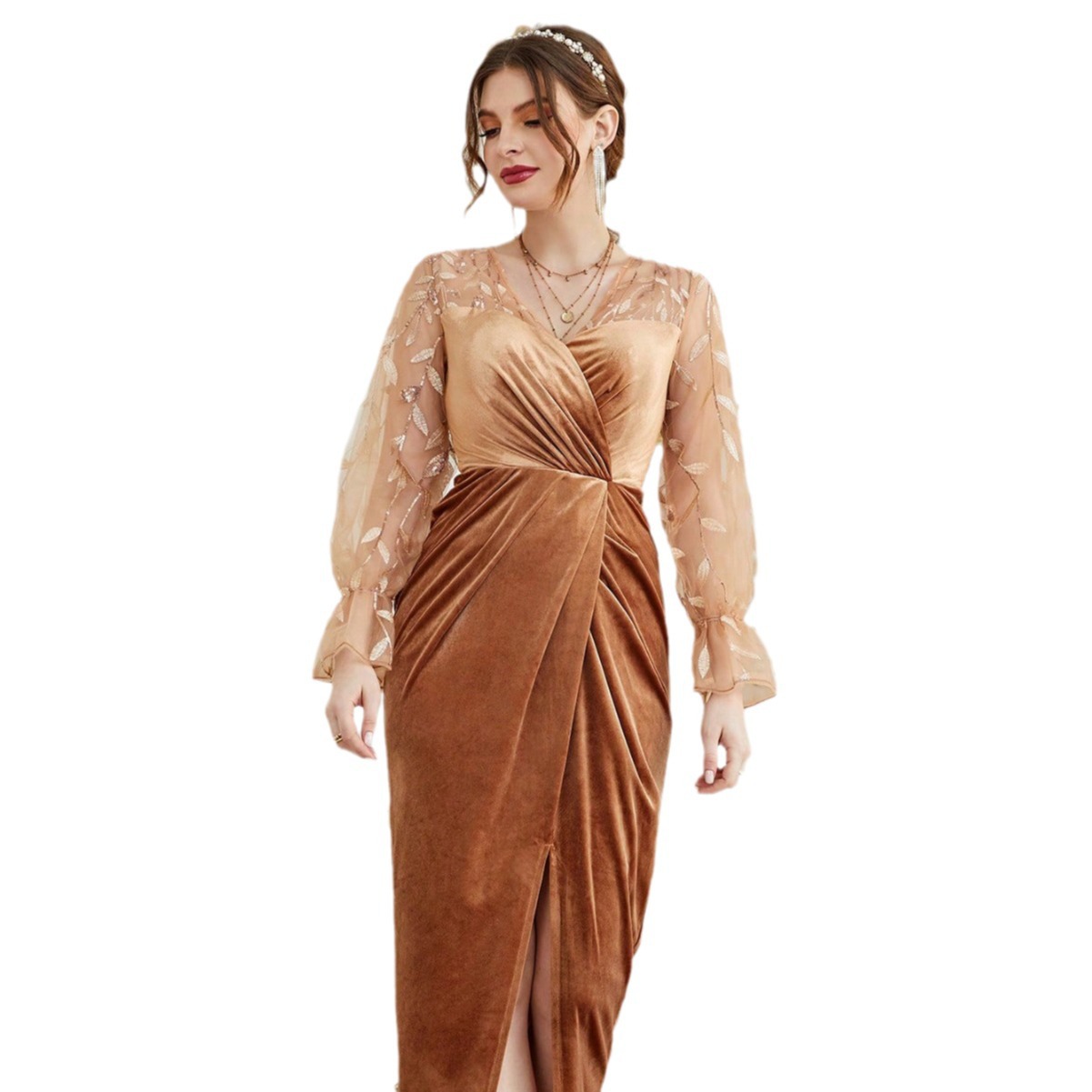 Vestido de noche estilo europeo y americano, nuevo modelo con elegancia socialité, escote en V profundo, vestido largo ajustado, fabricante de eBay, dropshipping disponible.