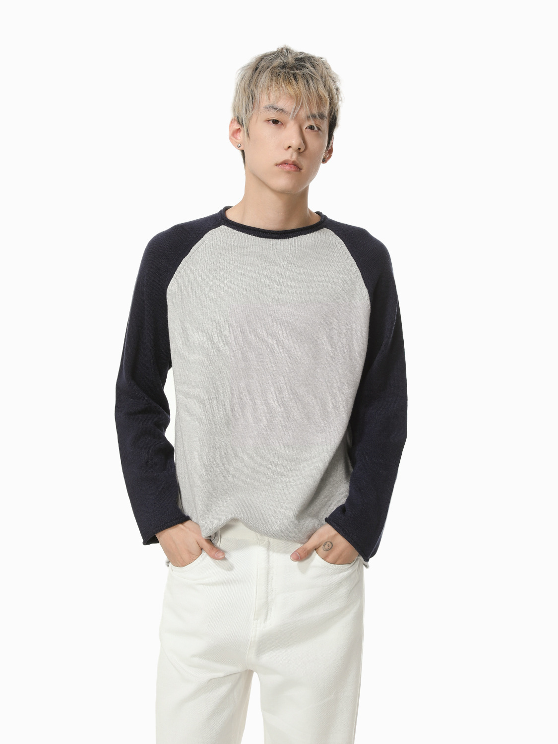 MTLCLOTHES Hombres| Coreano de cuello redondo color contrastante empalme de hombro camiseta de punto base cómodo chaqueta casual moda