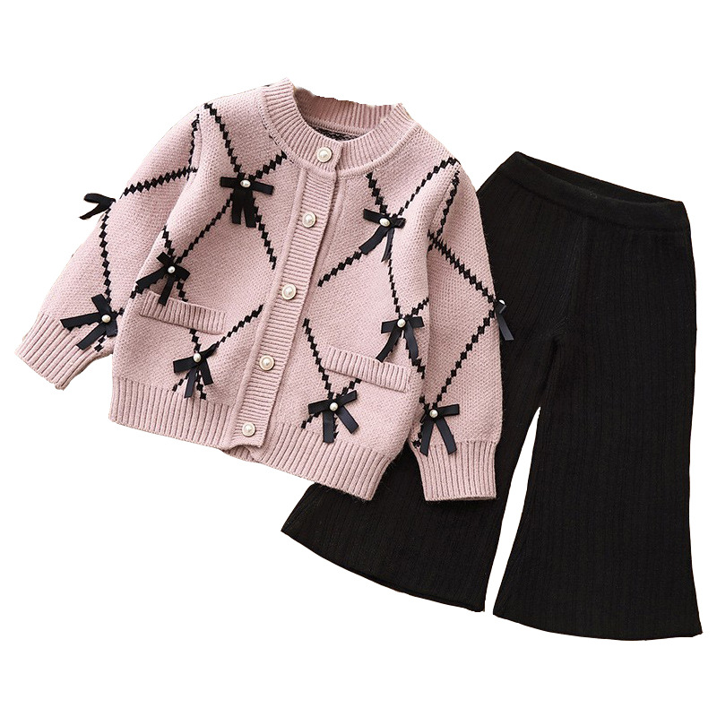 JINYONG/金勇熊【外貿白底圖】女童套裝蝴蝶結開衫上衣針織兩件套