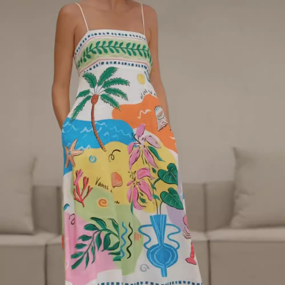 In-stock Cross-border European And American Independent Station 2026 New Beach Style Printed Strapless Sleeveless Maxi_ecoleips.com