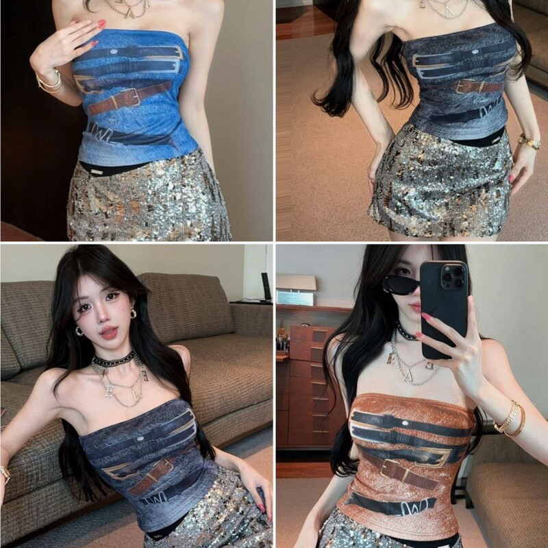 Retro one-shoulder camisole with a beautiful back, camouflage print, and a trendy design that can be worn as an outer layer, perfect for a street style look with a belt Retro one-shoulder camisole with a beautiful back, camouflage print, and a trendy design that can be worn as an outer layer, perfect for a street style look with a belt