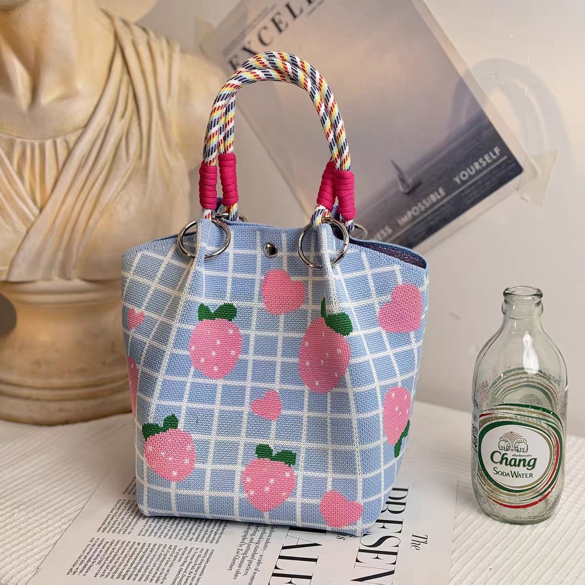 Bolsa de punto bolsas de dibujos animados para mujeres lindas bolsas de regalo de mano bolsas de bocadillos prácticas versátiles bolsas de cubo baratas gran capacidad