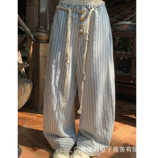 宅宅宅Athmoe//海岛日记 蓝白条纹麻绳系带休闲裤宽松懒人直筒裤