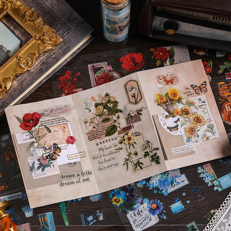 Cuatro estaciones de amor serie transparente pegatinas impermeables para mascotas diy pegatinas florales retro pegatinas de plantas de escritura decoración