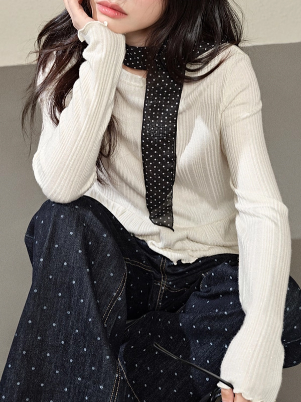 杏色长袖T恤女2025秋季新款显瘦内搭打底衫修身上衣荷叶边春|undefined