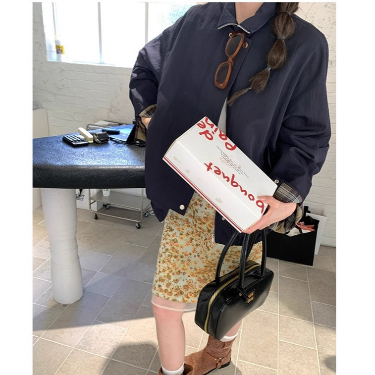 axb 卢梭的湖 宽松立领夹克外套袖口格纹设计秋冬百搭上衣女