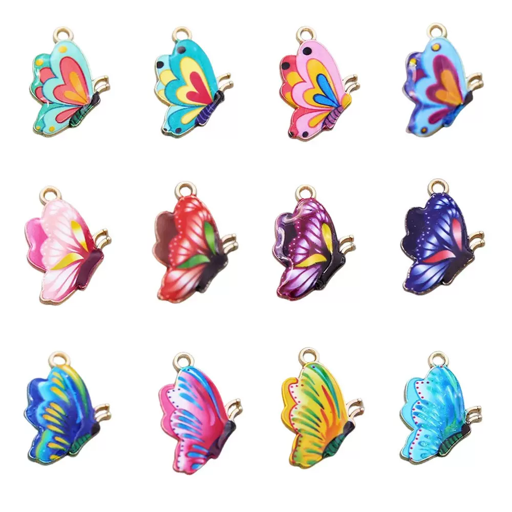 跨境彩色印花蝴蝶吊坠合金滴油配件创意手工饰品项链耳环手链挂件