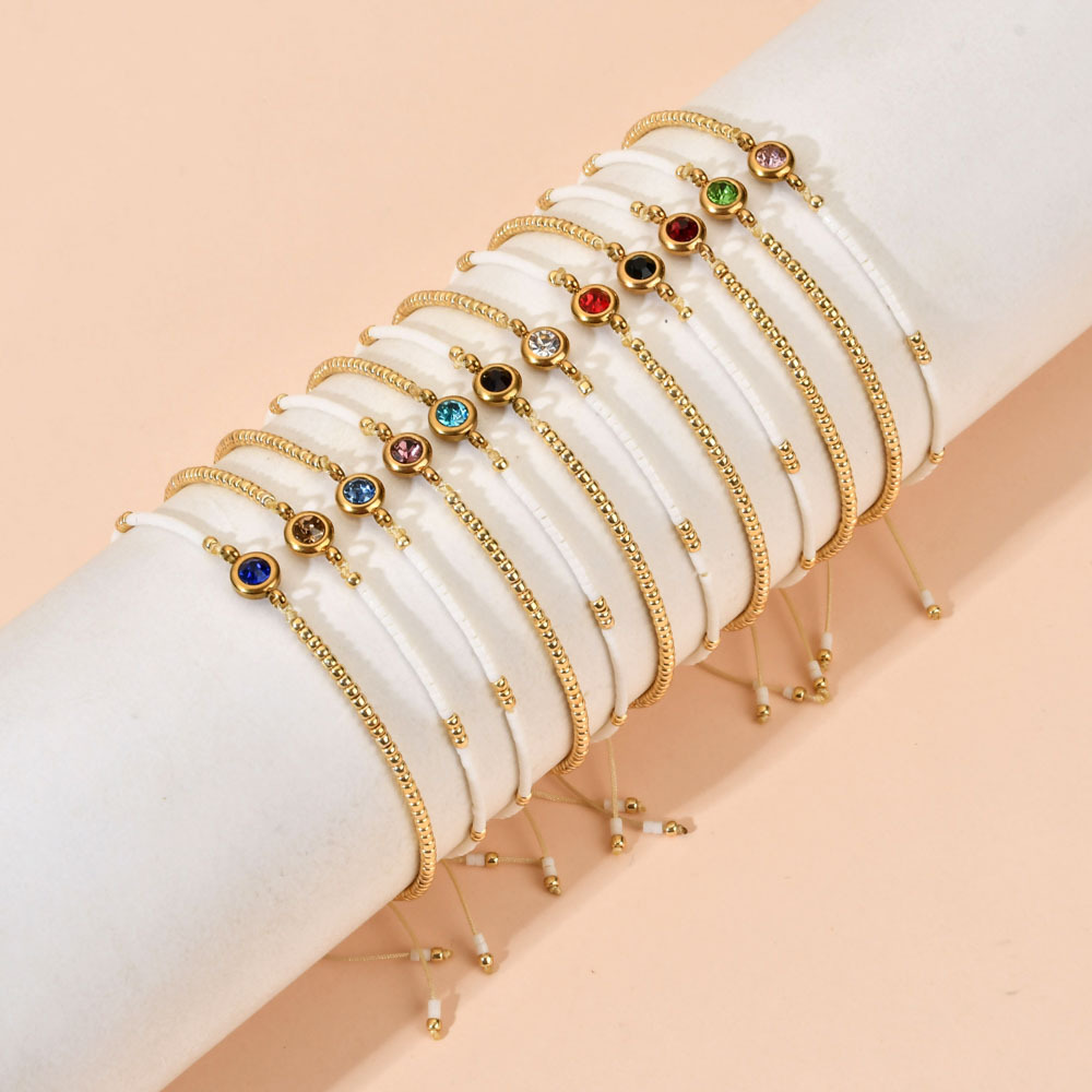 Beaded, Inlay Design Casual Simple Style Round Stainless Steel Seed Bead Rope Beaded Inlay Zircon Bracelets