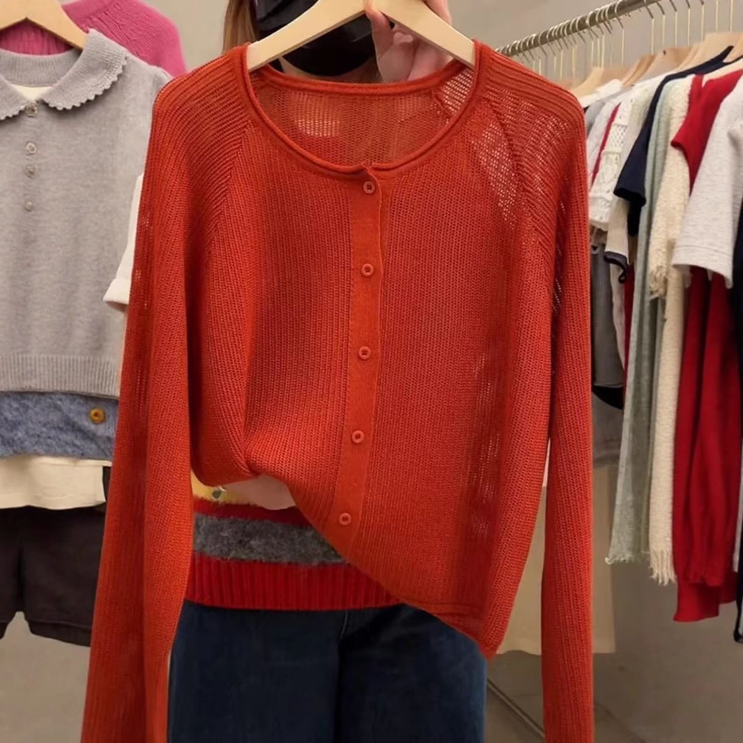 Red summer silk thin autumn cardigan with a round collar