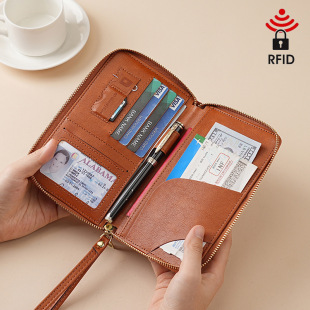 Cross-Border Rfid Long Passport Holder Ticket Storage Document Bag Multi-Functional Travel Zipper Clutch Bag Passport Bag