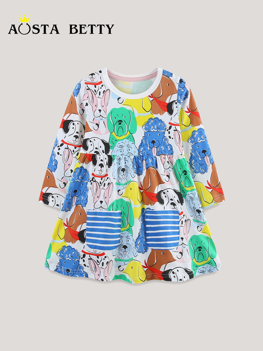 Otoño nuevos vestidos de niñas vestidos infantiles europeos y estadounidenses vestidos princesas de dibujos animados bolsillo de cuello redondo vestidos infantiles de mangas largas