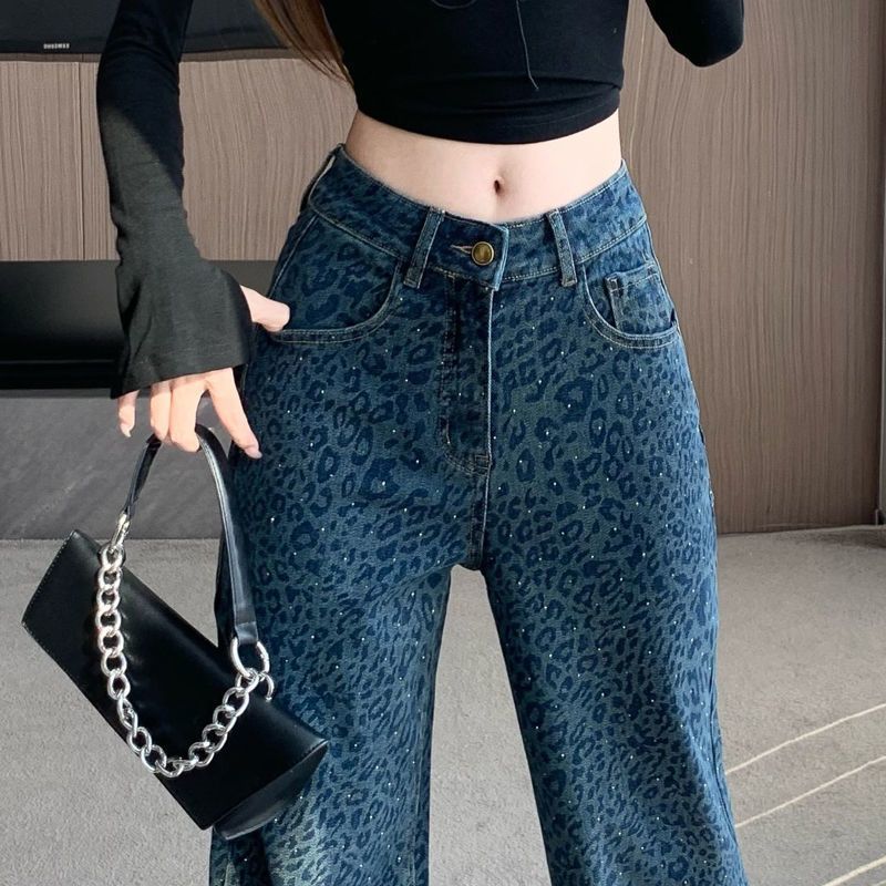 美式复古豹纹牛仔裤女2025新款秋冬重工休闲裤宽松百搭长裤潮