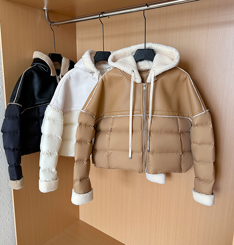 Giacca corta europea in piumino per donna stile corto cuciture colore a contrasto pelle PU leggera lusso alta qualità maglione largo 2024 nuovo inverno_voghion.com