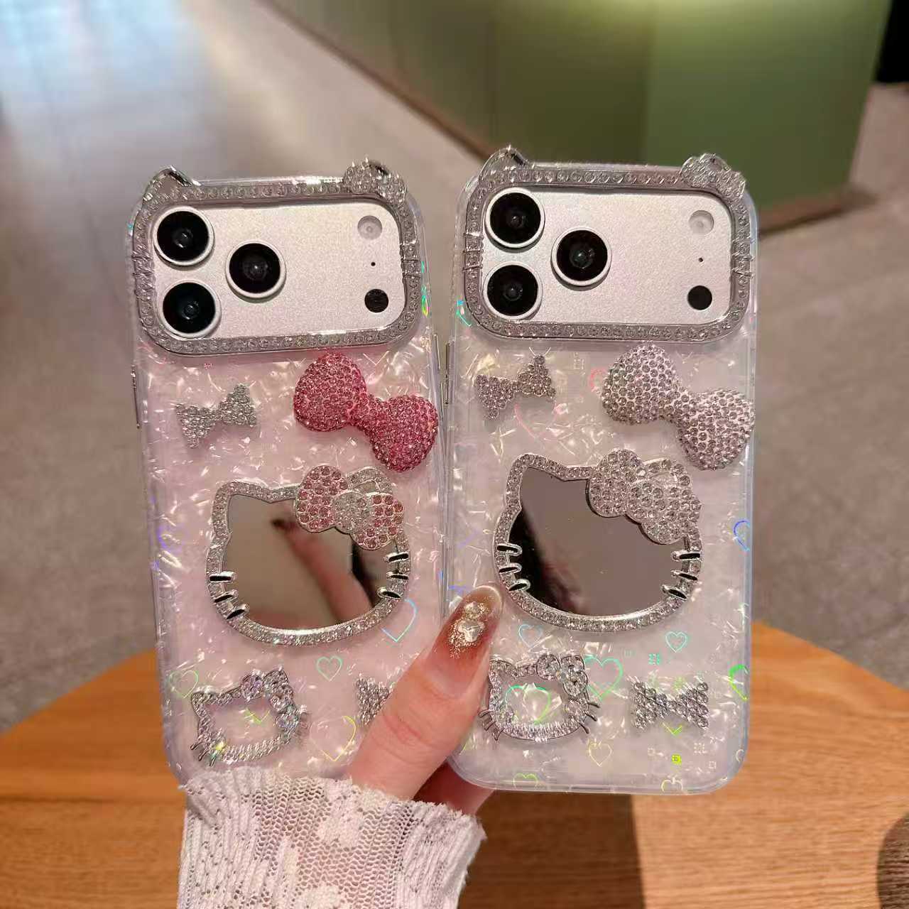 Espejo de gato de polvo KT para iPhone17 Teléfonos móviles Apple 16 arco tridimensional 15 diamante 14 cubierta