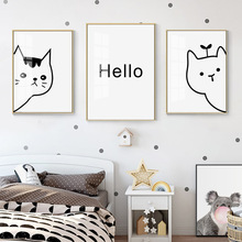 简约现代北欧卡通黑白线条猫咪可爱萌宠儿童房海报装饰画图片画芯
