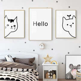 简约现代北欧卡通黑白线条猫咪可爱萌宠儿童房海报装饰画图片画芯