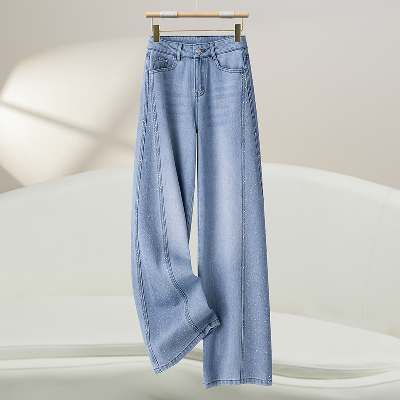 Narrow High-Waisted Wide-Leg Jeans for Women 2026 New Popular Style Pants with Rhinestones, High-End Feel, Drapey, Slimming Straight-Leg Pants