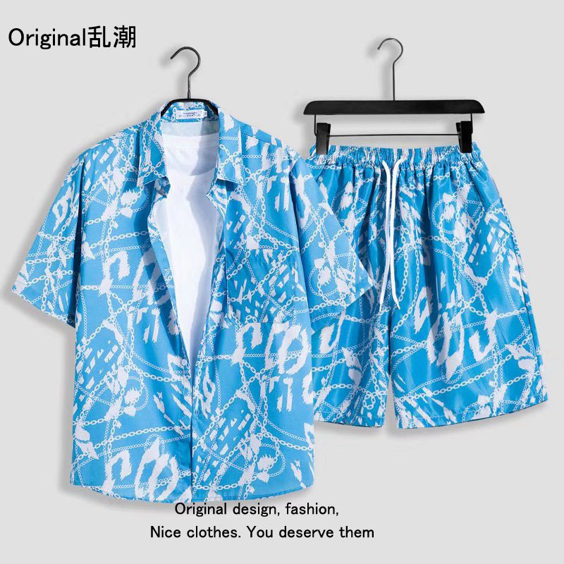 Verano playa floral camisa de manga corta traje de los hombres sueltos ins retro completo impreso pantalones cortos camisa de dos piezas