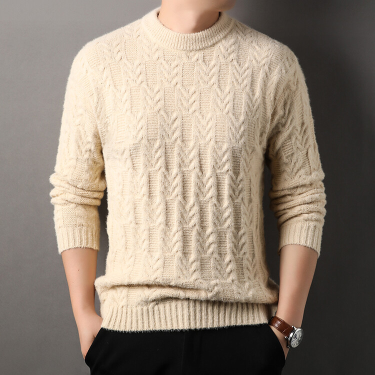 Nuevo invierno para hombres de cuello redondo suéter de punto de calentamiento grueso de color sólido simple suéter casual suelto