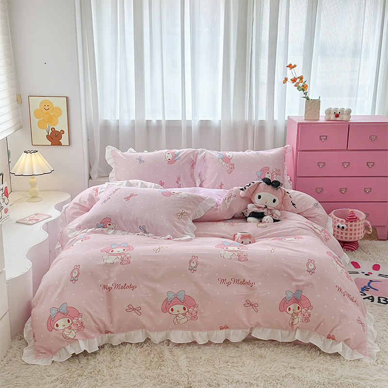 三丽鸥纯棉花边款四件套全棉公主风卡通HelloKitty床单被套床裙款|undefined