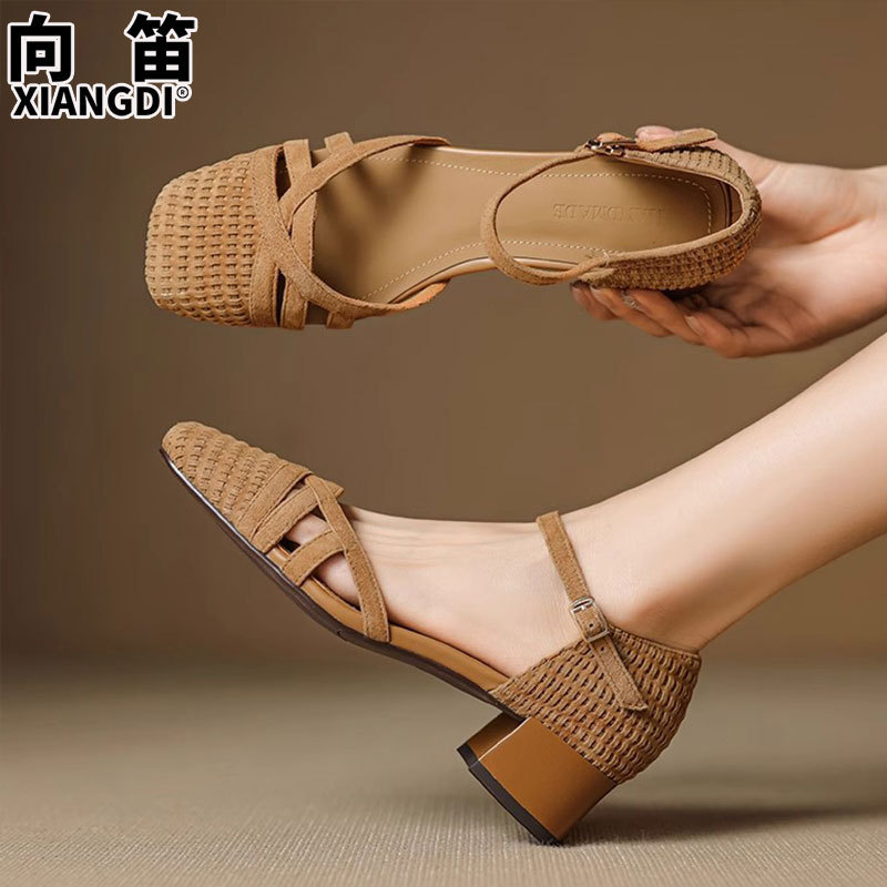 Sheepskin Version of Thick Heel Toe Sandals for Women 2025 New Summer High Heel Sandals with Skirt and Buckle Roman Shoes