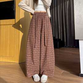老钱风复古格子休闲裤2026早秋女百搭显瘦宽松慵懒弯刀阔腿裤