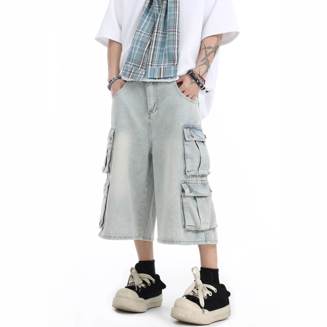 American-Style Vintage Denim Cropped Pants for Men, Summer Trendy Versatile Multi-Pocket Cargo High Street Retro Wide-Leg Pants