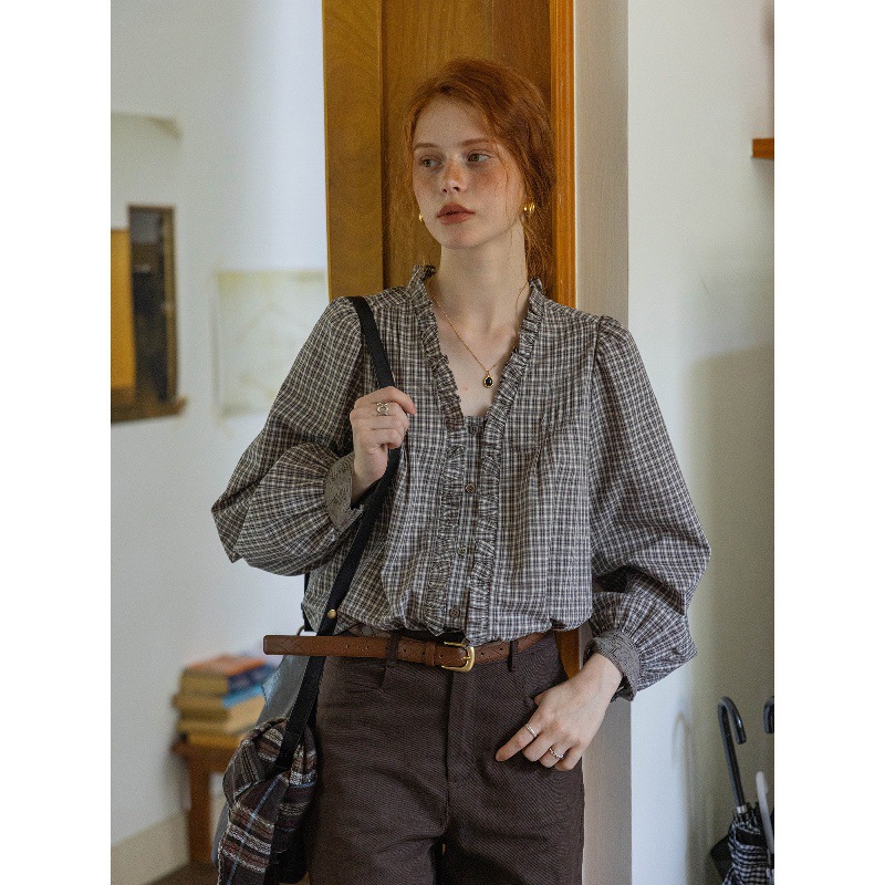 "Floral Mist" Yarn-dyed Plaid Striped Jacquard Textured Long-sleeved Shirt
